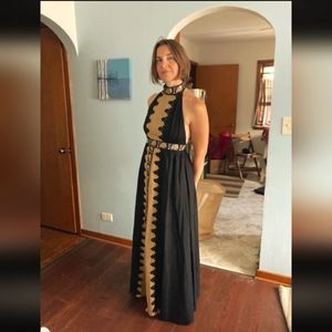 Vintage Gunne Sax dress in black & tan w/black lace and pink floral brocade